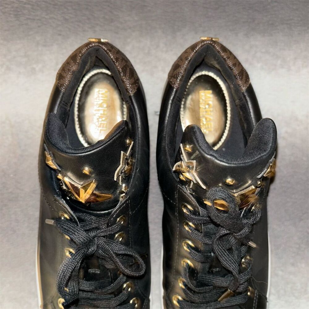 Michael Kors Mindy Women's Black Leather Gold Star Casual Sneakers - Picture 11 of 14